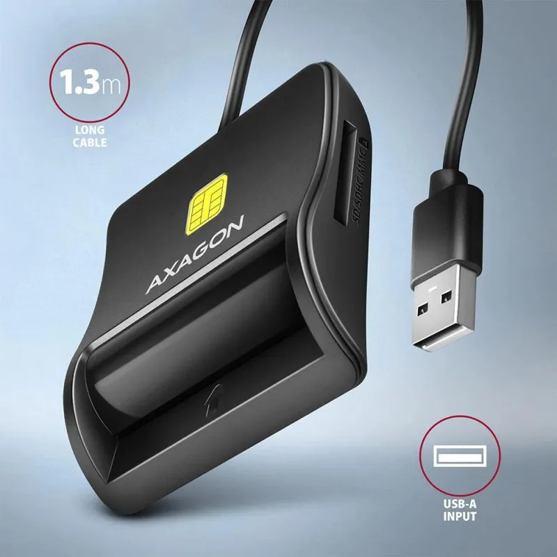 AXAGON Compact desktop USB contact Smart-ID & SD-microSD-SIM card reader with long, USB-A cable - CRE-SM3SD