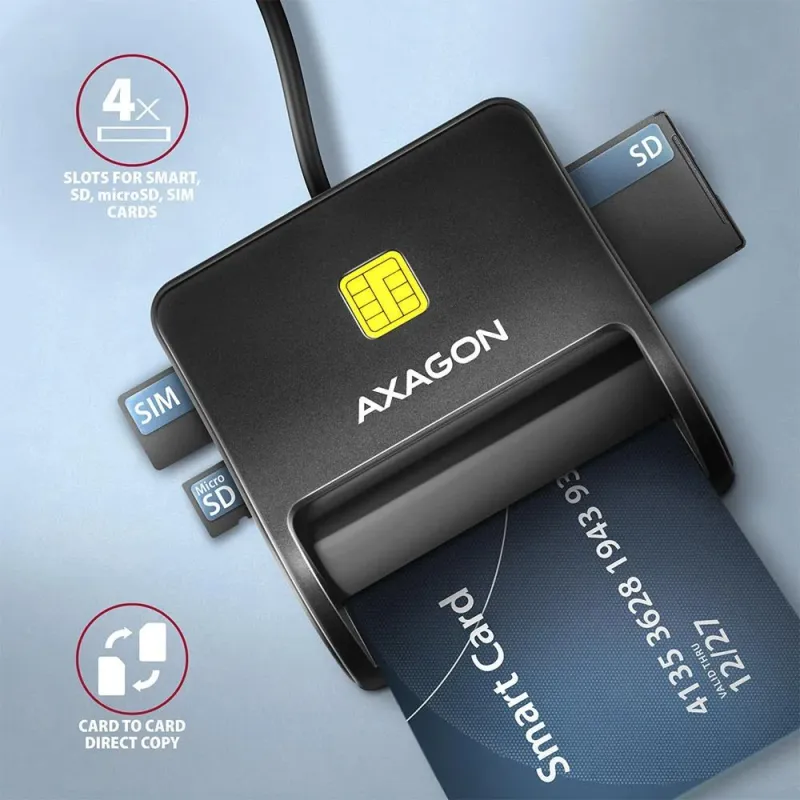 AXAGON Compact desktop USB contact Smart-ID & SD-microSD-SIM card reader with long, USB-A cable - CRE-SM3SD