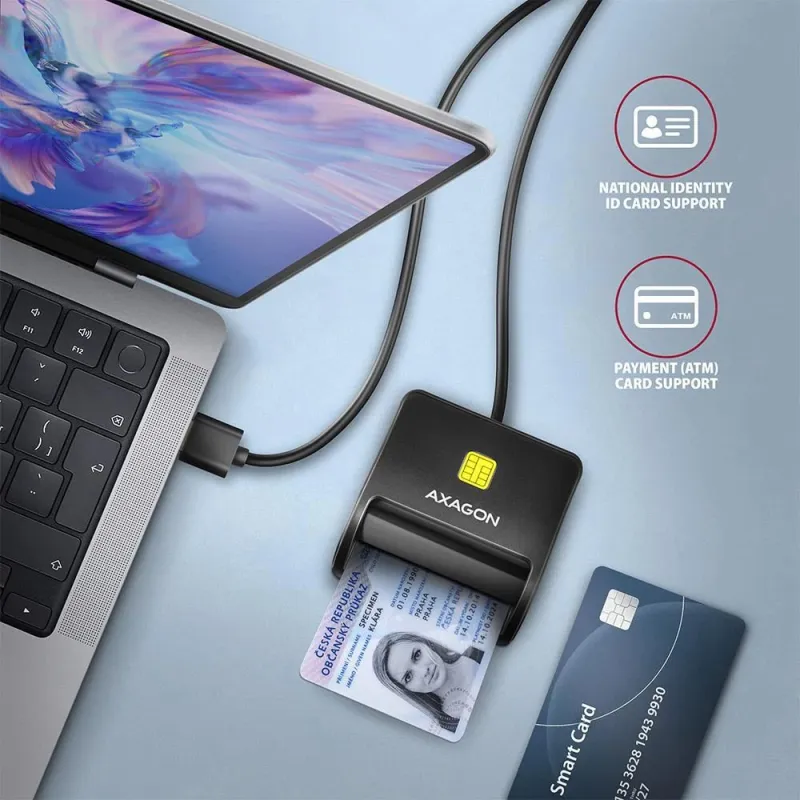 AXAGON Compact desktop USB contact Smart-ID & SD-microSD-SIM card reader with long, USB-A cable - CRE-SM3SD