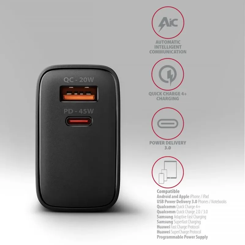 Mobile charger wall usb 45w-gan 2port acu-pq45 axagon