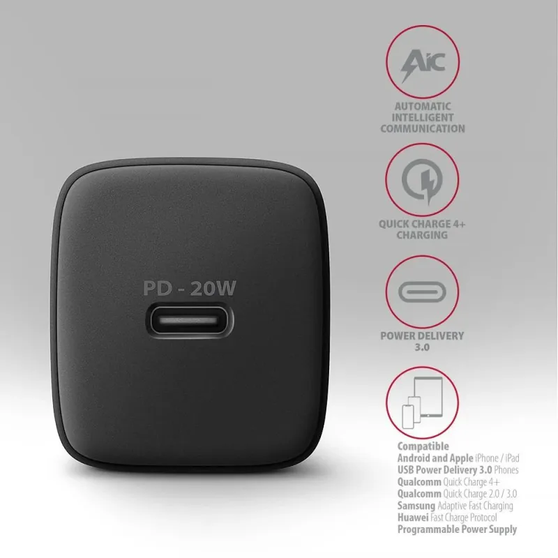 Mobile charger wall usb-c 20w-1port black acu-pd20 axagon