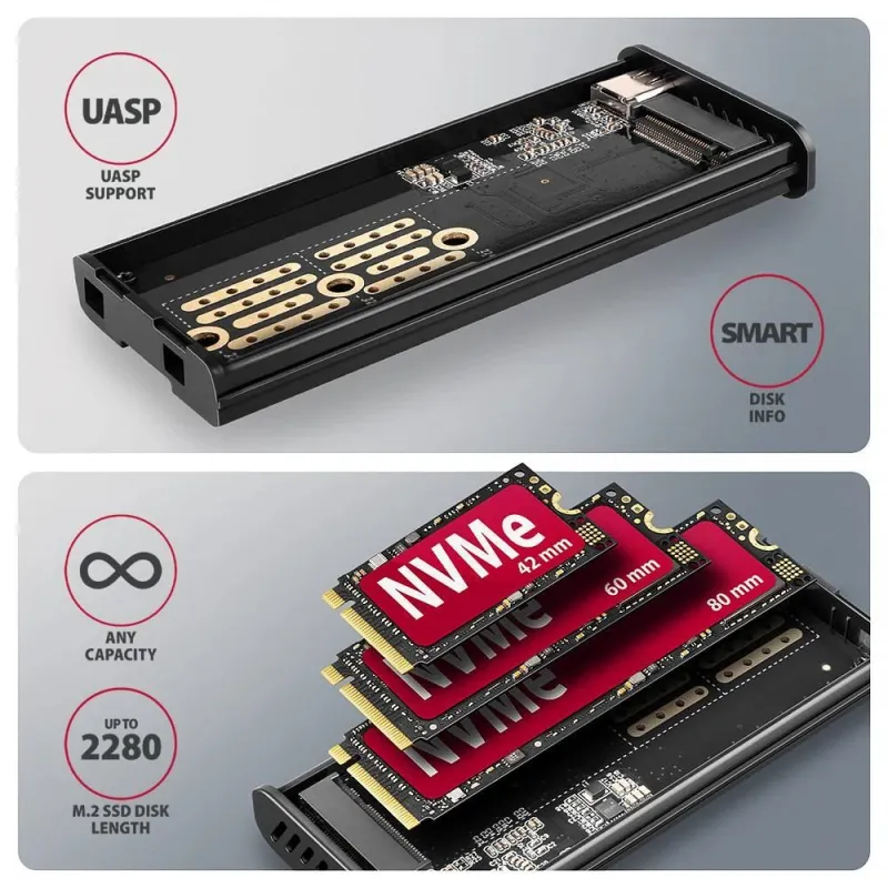 Ssd acc enclosure m.2 nvme-sata usb3.2 eem2-sd2 axagon