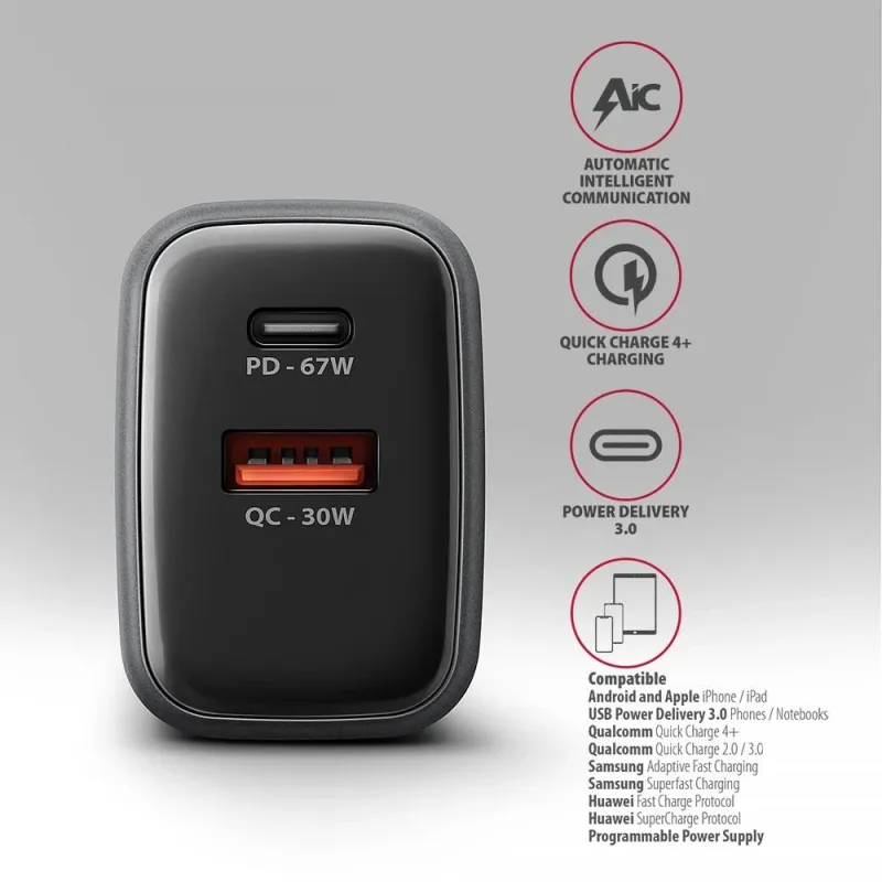 Mobile charger wall usb 67w-gan 2port acu-pq67d axagon