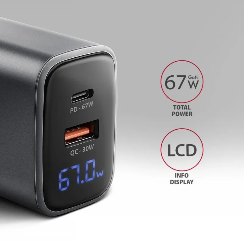 Mobile charger wall usb 67w-gan 2port acu-pq67d axagon