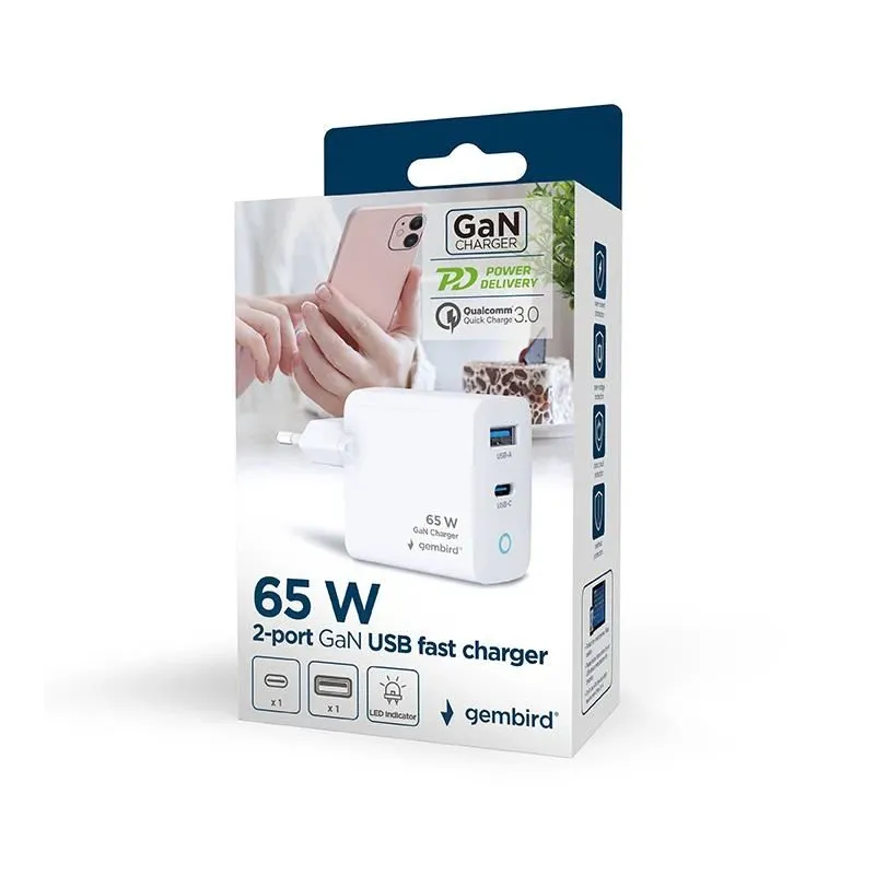 Charger usb 65w 2port-ta-uc-pdqc65l-w-01 gembird