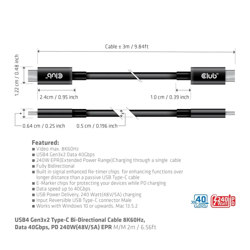 Cable usb-c 3m-m-m cac-1579 club3d
