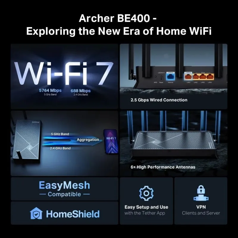 Wireless Router-TP-LINK-Archer BE400-Wi-Fi 7 ,802.11be,-Data speed 5764 Mbit-s-Ethernet WAN Yes-WAN connection type