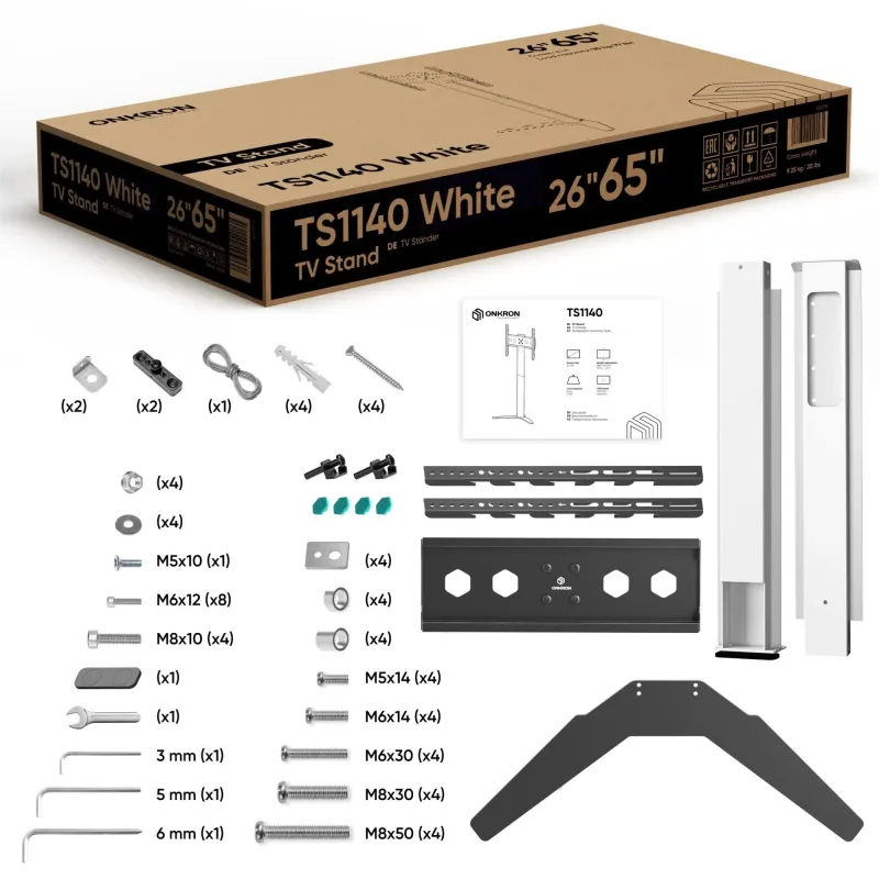 Tv set acc floor stand -26-65-white ts1140-w onkron
