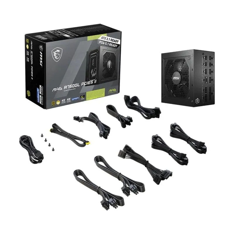 Power Supply-MSI-MAG A750GL PCIE5 II-750 Watts-Efficiency 80 PLUS GOLD-PFC Active-MAGA750GLPCIE5II