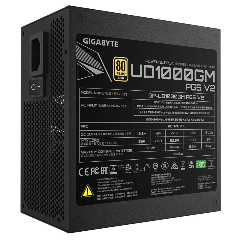 Power Supply-GIGABYTE-GP-UD1000GM-ATX 3.1-1000 Watts-Efficiency 80 PLUS GOLD-PFC Active-GP-UD1000GMPG5V2