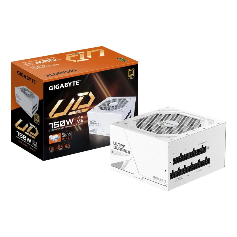 Power Supply-GIGABYTE-UD750GM PG5 ICE-ATX 3.1-750 Watts-Efficiency 80 PLUS GOLD-PFC Active-MTBF 100000 hours-GP-UD750GMPG5ICE