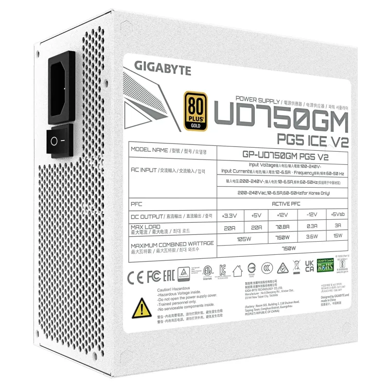 Power Supply-GIGABYTE-UD750GM PG5 ICE-ATX 3.1-750 Watts-Efficiency 80 PLUS GOLD-PFC Active-MTBF 100000 hours-GP-UD750GMPG5ICE