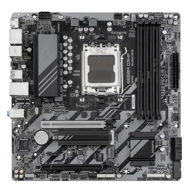 Gigabyte B850M D3HP - Processor family AMD - Processor socket AM5 - DDR5 - Supported hard disk drive interfaces M.2, SATA -