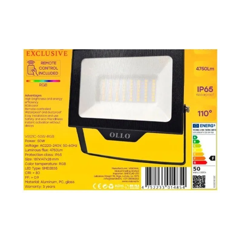 Lamp-OLLO-Power consumption 50 Watts-Luminous flux 4750 Lumen-AC220-240V-Beam angle 110 degrees-VS121C-50W-RGB