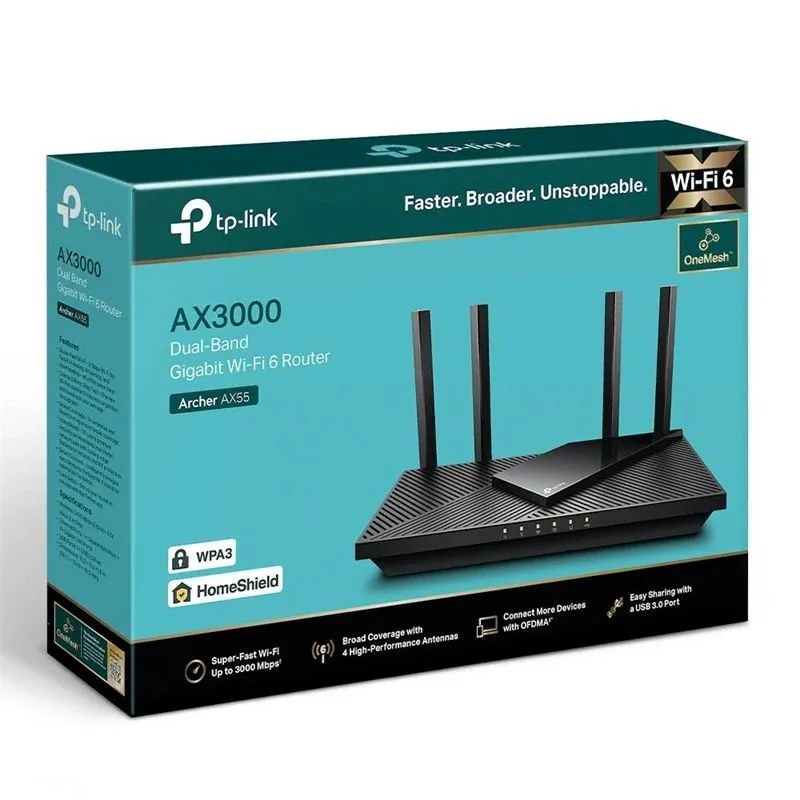Wireless Router-TP-LINK-Wireless Router-3000 Mbps-Wi-Fi 6-USB 3.0-1 WAN-4x10-100-1000M-Number of antennas 4-ARCHERAX55