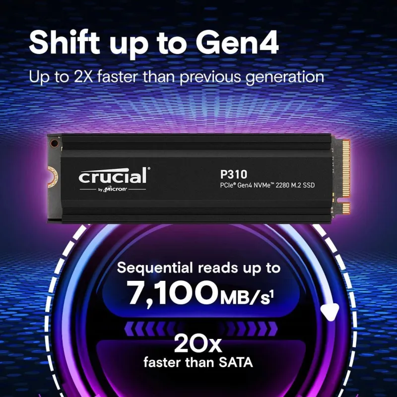 SSD-CRUCIAL-P310-1TB-M.2-PCIe Gen4-NVMe-3D NAND-Write speed 6000 MBytes-sec-Read speed 7100 MBytes-sec-TBW 220 TB-CT1000P310SSD5