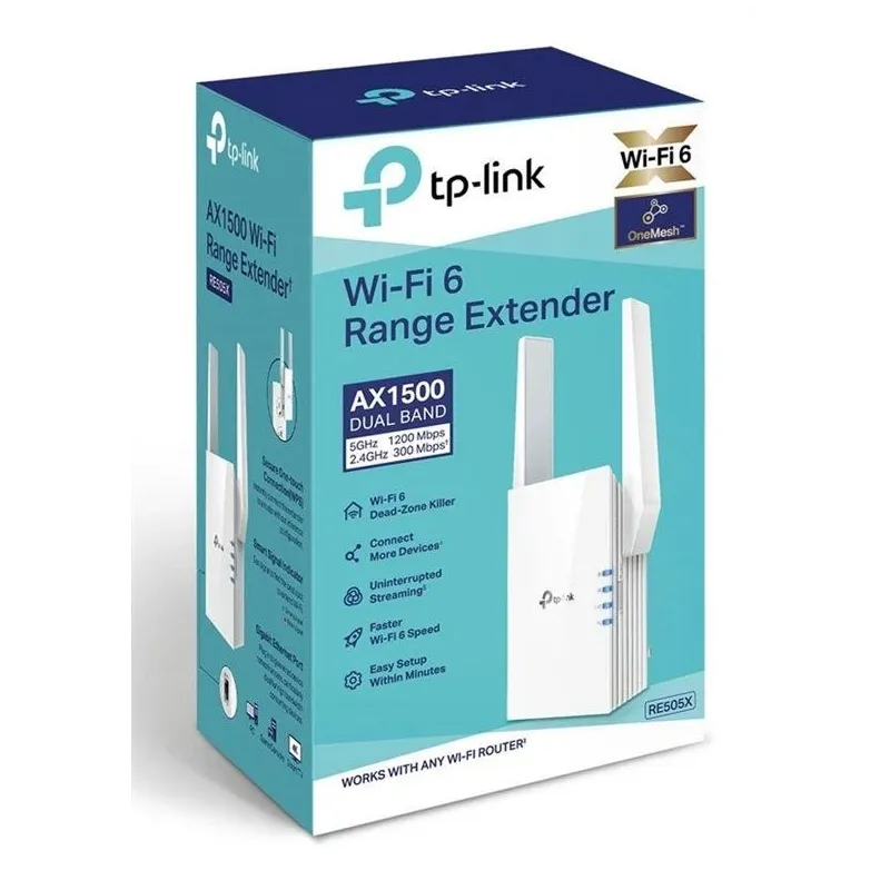 TP-LINK - Extender - RE505X - 802.11ax - 2.4GHz-5GHz - 300+1200 Mbit-s - 10-100-1000 Mbit-s - Ethernet LAN ,RJ-45, ports 1 -