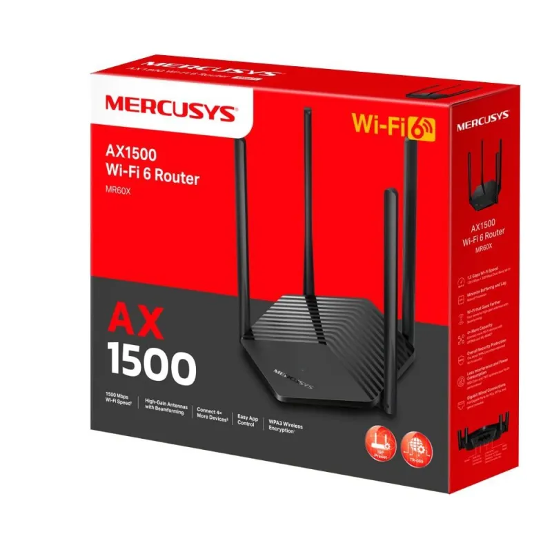 Wireless Router-MERCUSYS-1500 Mbps-Wi-Fi 6-IEEE 802.11a-b-g-IEEE 802.11n-IEEE 802.11ac-IEEE 802.11ax-3x10-100-1000M-LAN \\ WAN
