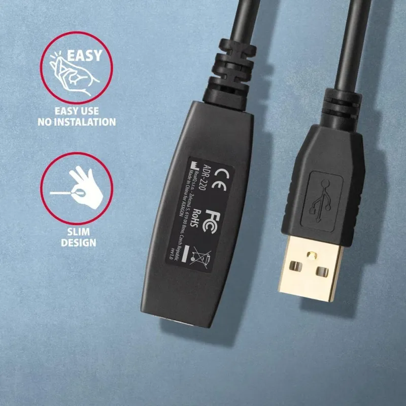 Cable usb2.0 a-m-a-f active-20m adr-220 axagon