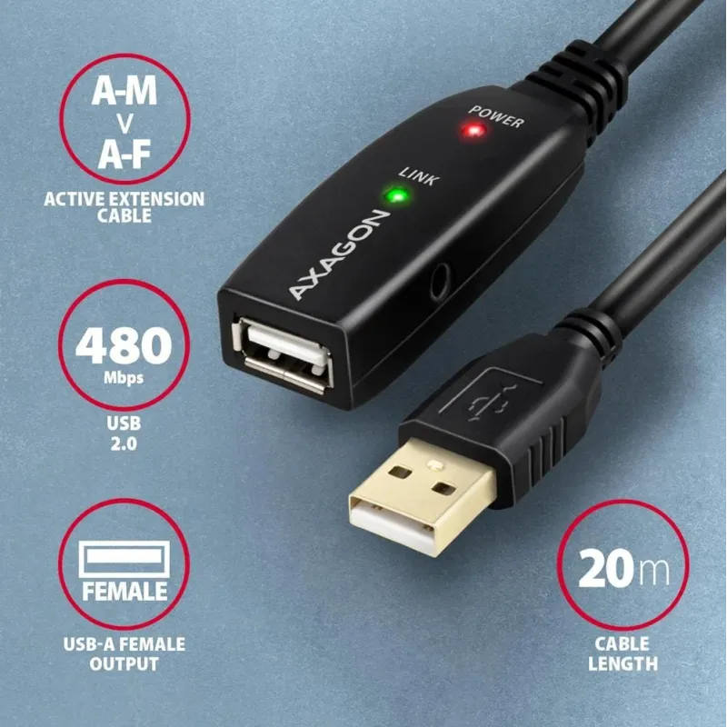 Cable usb2.0 a-m-a-f active-20m adr-220 axagon