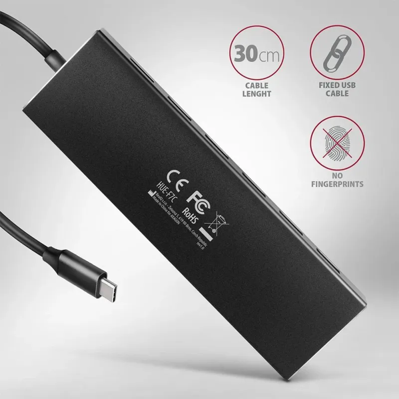 I-o hub usb-c 7port flat-0.3m hue-f7c axagon