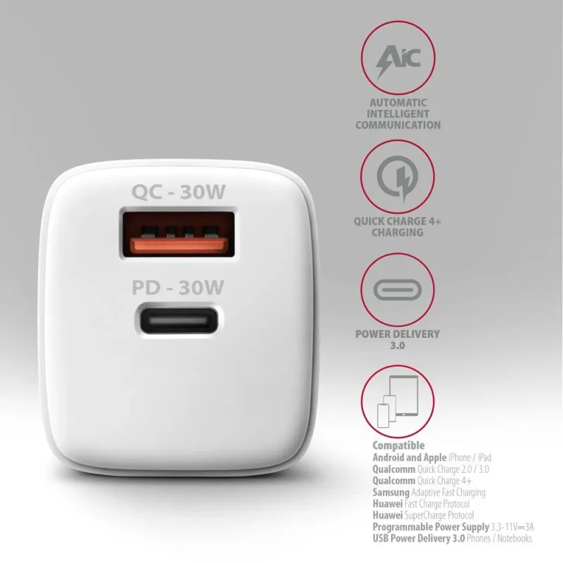 Mobile charger wall usb 30w-2port white acu-pq30w axagon