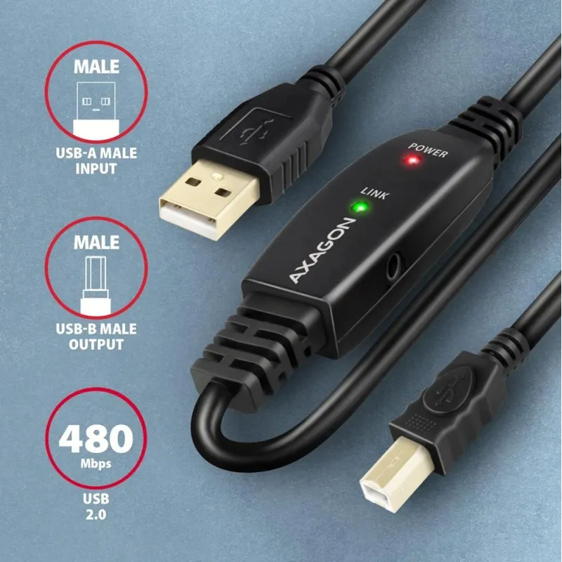 Cable usb2.0 a-m-b-m active-20m adr-220b axagon