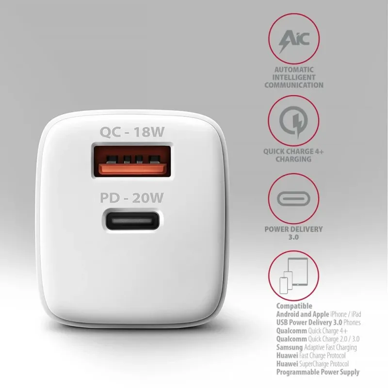 Mobile charger wall usb 20w-2port white acu-pq20w axagon