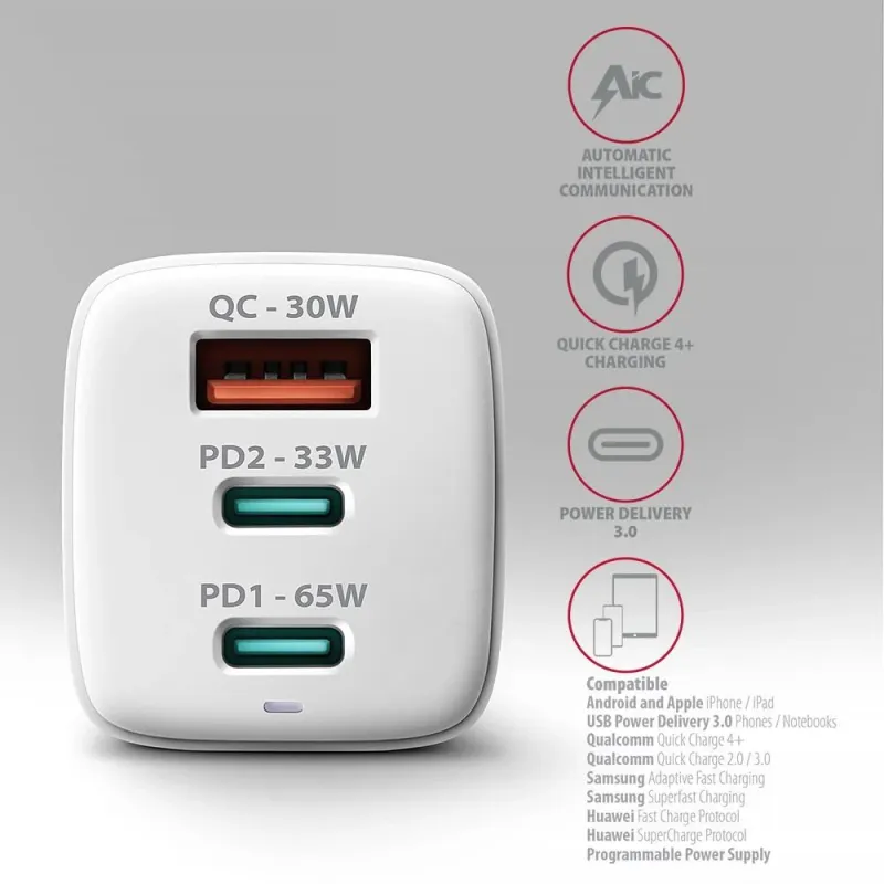 Mobile charger wall usb 65w-gan 3port acu-dpq65w axagon