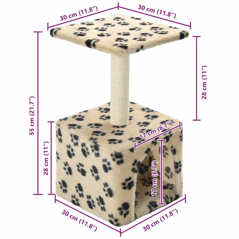 vidaXL kaķu māja, stabs nagu asināšanai, 55 cm, bēša ar ķepu apdruku