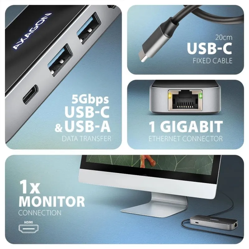 I-o hub usb-c 6in1-glass 0.2m hmc-6gln axagon