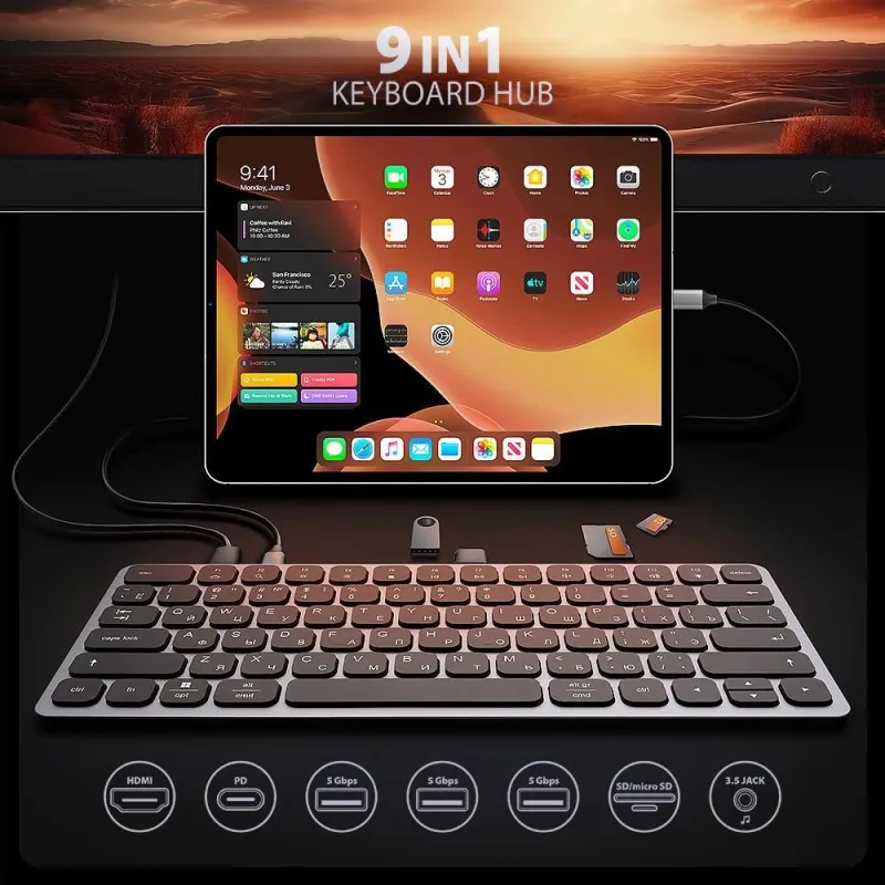 Keyboard + i-o hub 9in1-0.6m hmc-kb-crl axagon