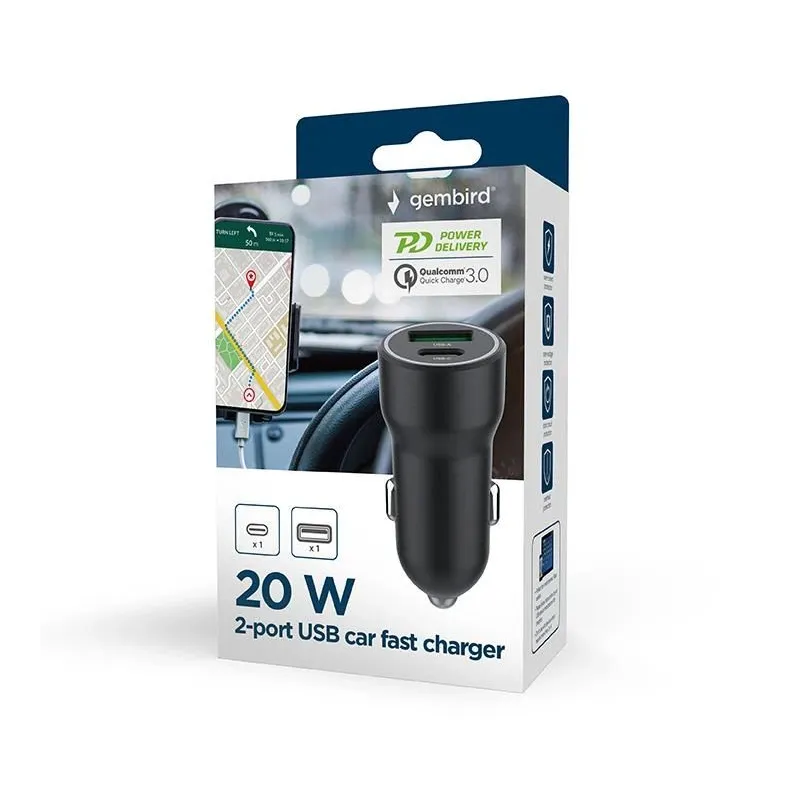 Mobile charger car usb 2port-ta-uc-a2pdqc20-car-01 gembird