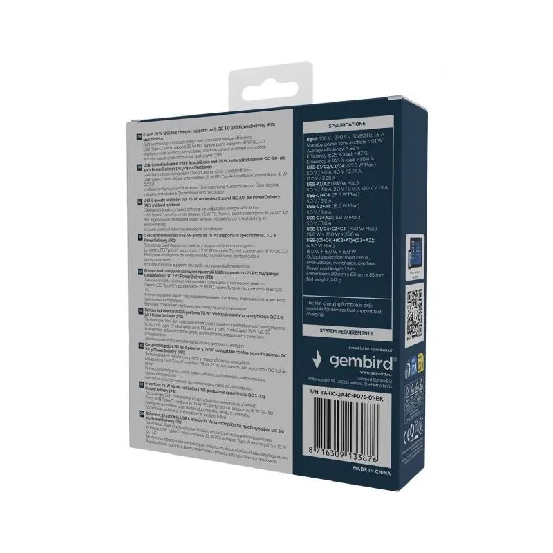 Charger usb universal 6p 75w-ta-uc-2a4c-pd75-01-bk gembird