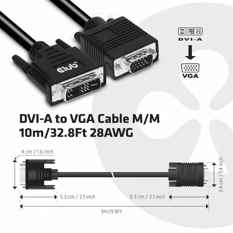 Cable dvi-a to vga 3m-m-m cac-1243 club3d