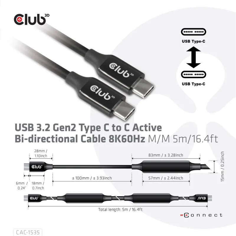 Cable usb-c to usb-c 5m-m-m cac-1535 club3d