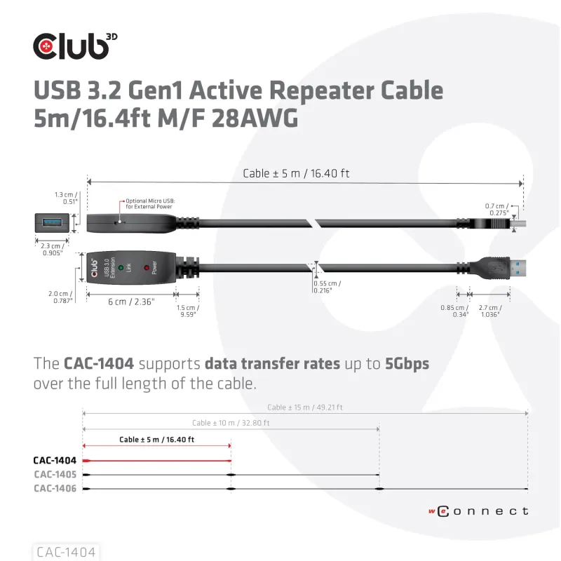 Cable usb3.2 to usb3.2 5m-m-f cac-1404 club3d