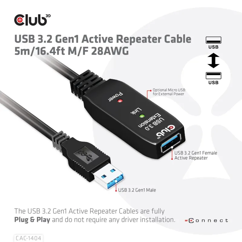 Cable usb3.2 to usb3.2 5m-m-f cac-1404 club3d