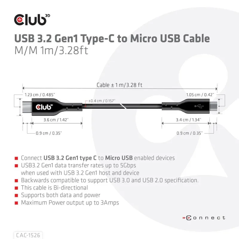 Cable usb to micro usb 1m-m-m cac-1526 club3d