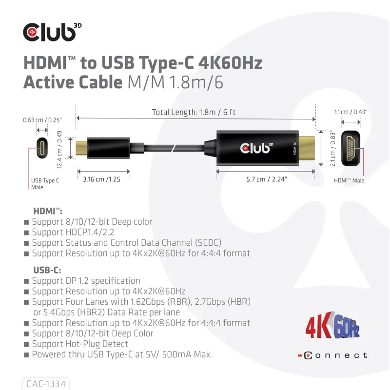 Cable hdmi to usb-c 1.8m-m-m cac-1334 club3d