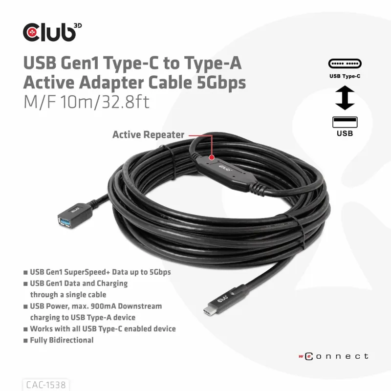 Cable usb-c to usb 10m-m-f cac-1538 club3d