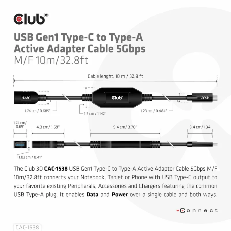 Cable usb-c to usb 10m-m-f cac-1538 club3d