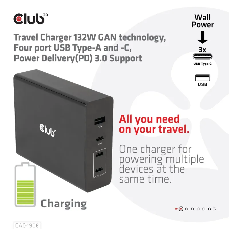 Mobile travel charger usb-c-132w gan cac-1906 club3d