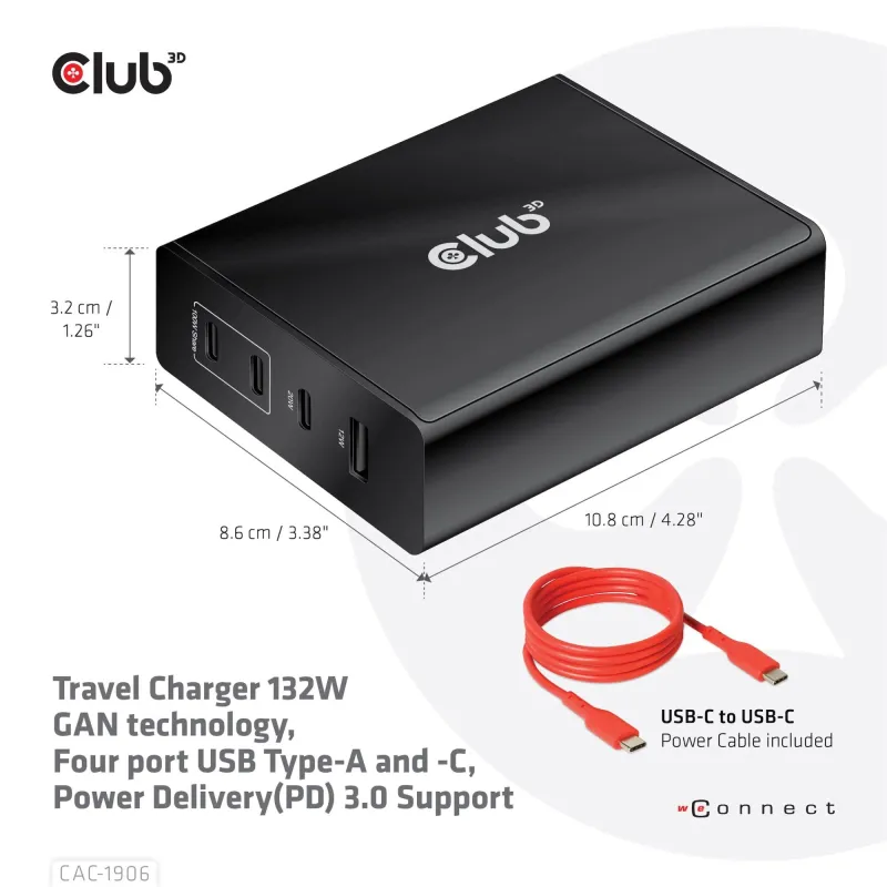 Mobile travel charger usb-c-132w gan cac-1906 club3d