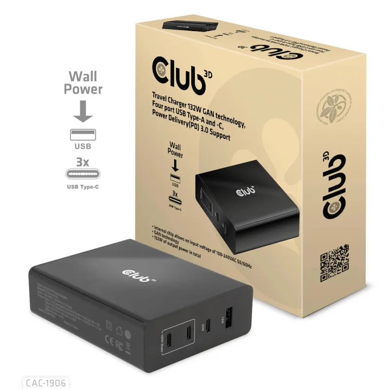 Mobile travel charger usb-c-132w gan cac-1906 club3d