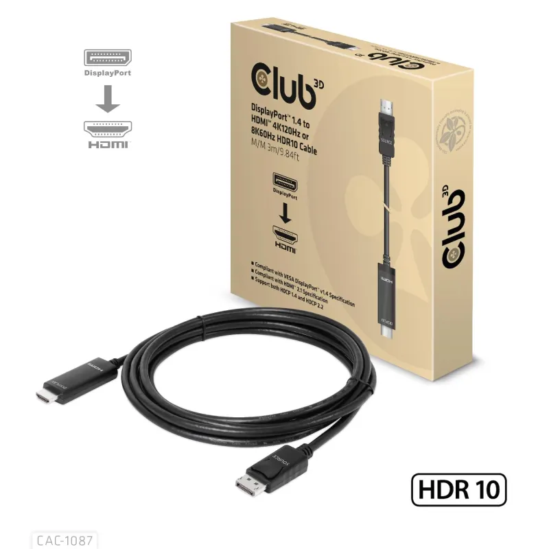 Cable dp to hdmi 3m-m-m cac-1087 club3d