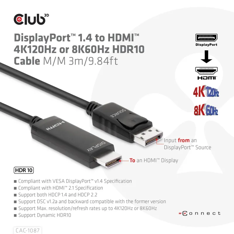 Cable dp to hdmi 3m-m-m cac-1087 club3d