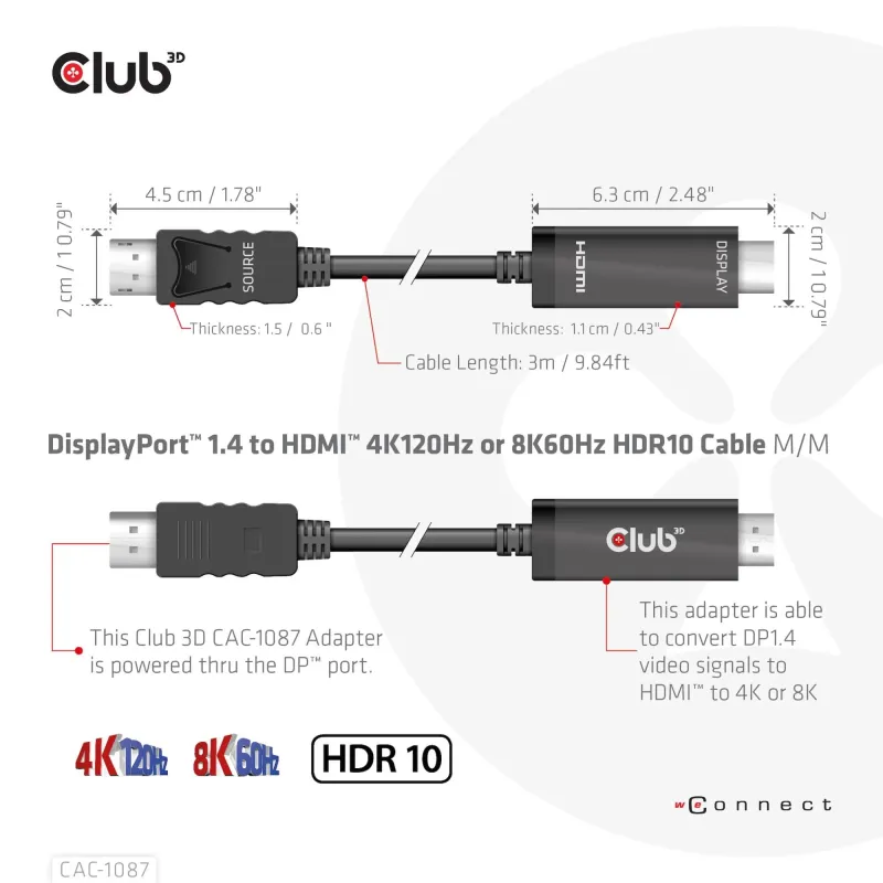 Cable dp to hdmi 3m-m-m cac-1087 club3d