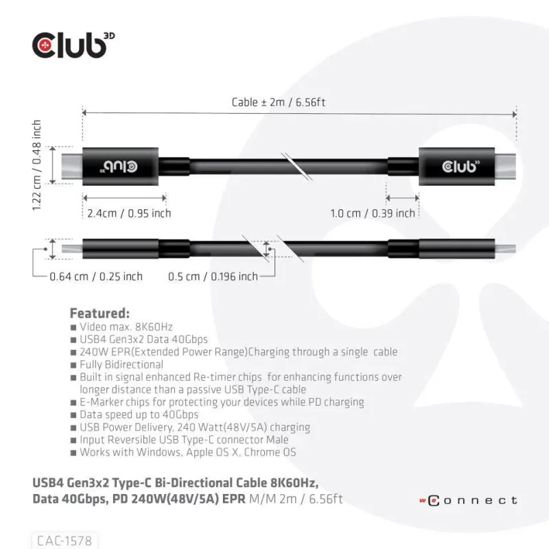 Cable usb-c bi-directional 2m-m-m cac-1578 club3d