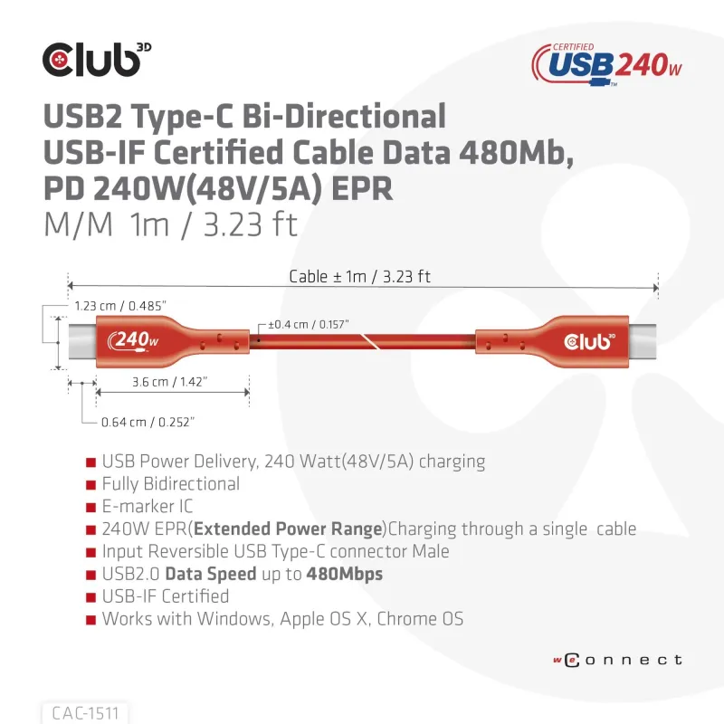Cable usb-c to usb-c 1m-m-m cac-1511 club3d